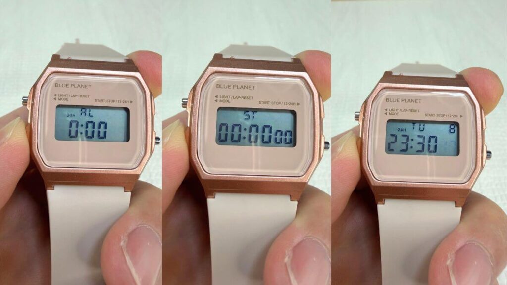 アラーム・ストップウォッチ・通常の時刻の画面を比較