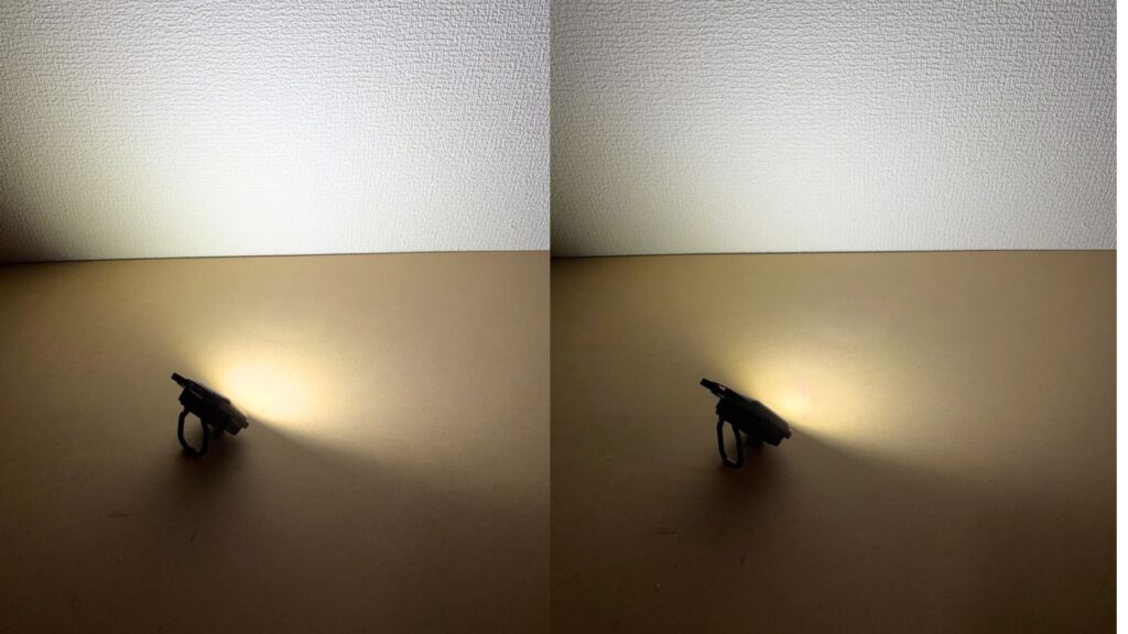 同じ場所を照らした充電式COBライトの弱・ブースターモード